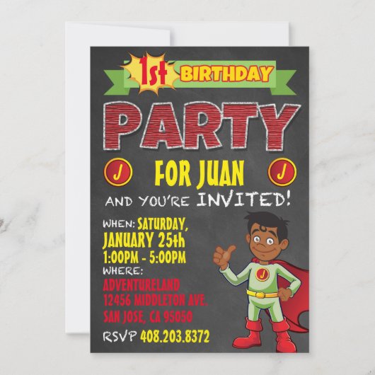 Latino Superheld Invitations. Kind Birthday Party Kaart (Voorkant)