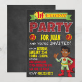 Latino Superheld Invitations. Kind Birthday Party Kaart (Voorkant / Achterkant)