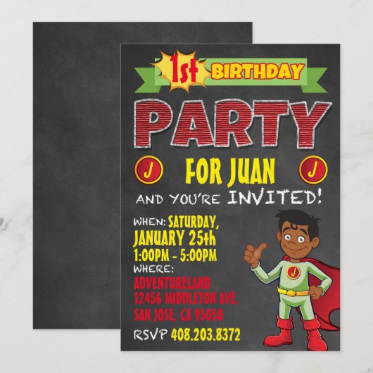 Latino Superheld Invitations. Kind Birthday Party Kaart (Voorkant / Achterkant)