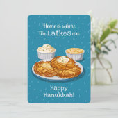 Latkes Creamy Applesauce Blue Hanukkah Greeting Feestdagenkaart (Staand voorkant)
