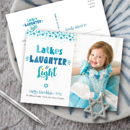 Latkes Laughter Light Modern Fun Hanukkah Foto Feestdagenkaart