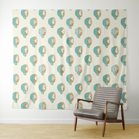 Latte Art in Cute Blue Coffee Mugs Wandkleed (In Situ (horizontaal))