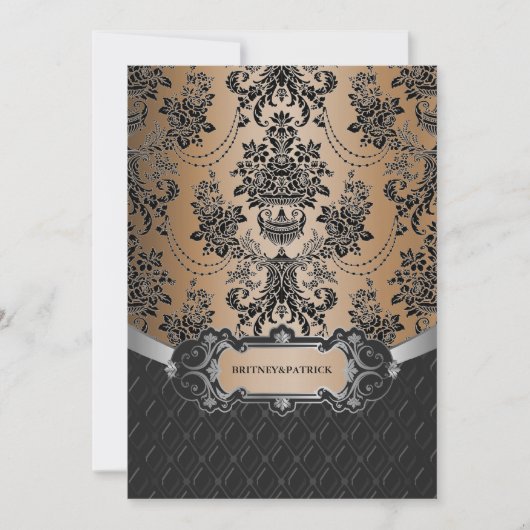 Latte Brown & Black Damask Wedding Invitations Kaart (Voorkant)