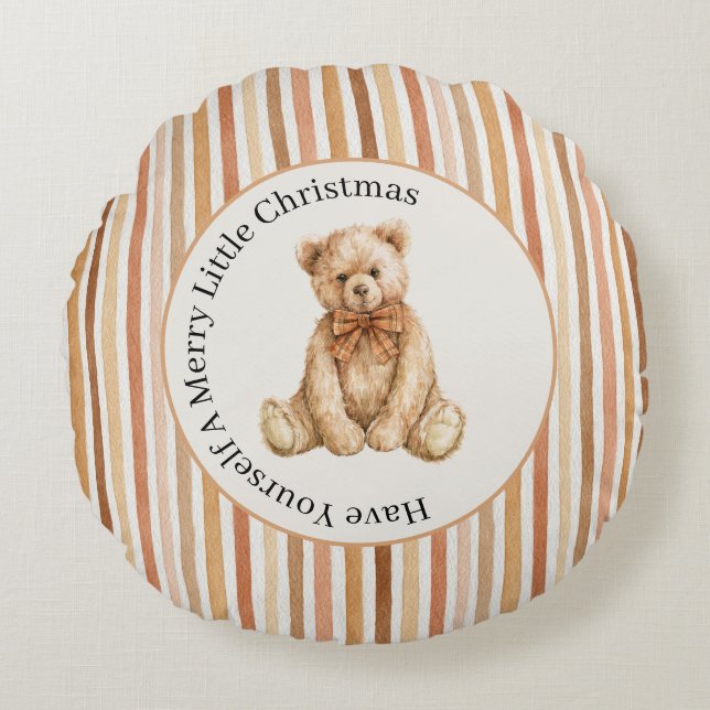 Latte Cocoa Blush Strepen Teddybeer Kerstmis Rond Kussen (Voorkant)