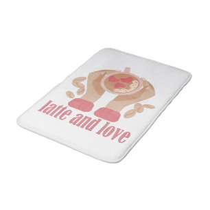 Latte en liefdesbeker, handen en koffie badmat