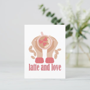 Latte en liefdesbeker, handen en koffie briefkaart