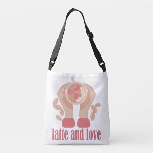 Latte en liefdesbeker, handen en koffie crossbody tas (Achterkant)