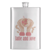 Latte en liefdesbeker, handen en koffie flacon (Voorkant)