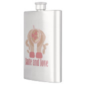 Latte en liefdesbeker, handen en koffie flacon (Links)