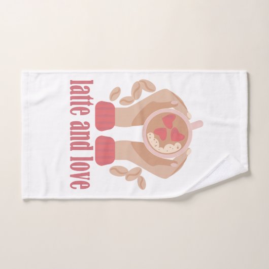 Latte en liefdesbeker, handen en koffie handdoek (Handdoek)