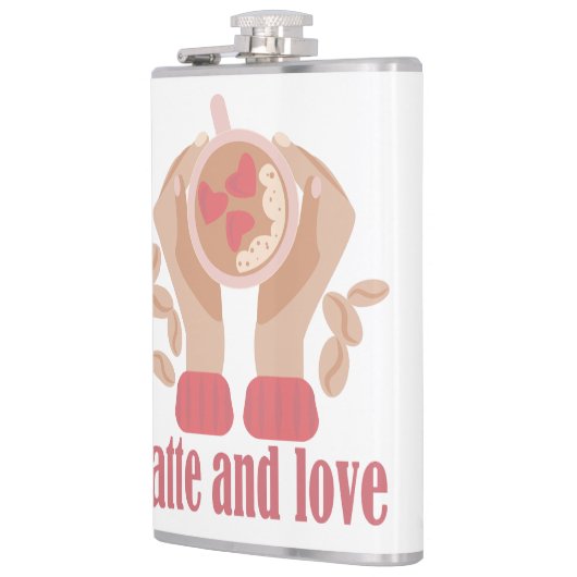 Latte en liefdesbeker, handen en koffie heupfles (Links)