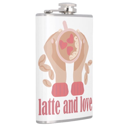 Latte en liefdesbeker, handen en koffie heupfles (Rechts)
