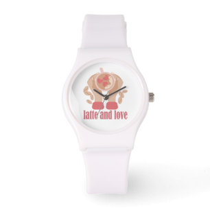 Latte en liefdesbeker, handen en koffie horloge