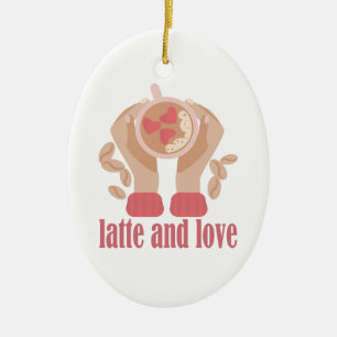 Latte en liefdesbeker, handen en koffie keramisch ornament