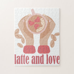 Latte en liefdesbeker, handen en koffie legpuzzel
