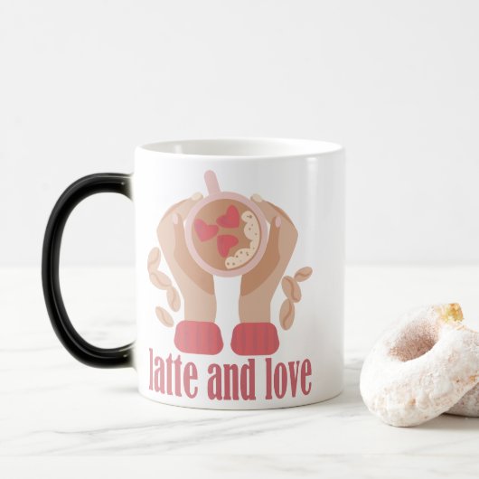 Latte en liefdesbeker, handen en koffie magische mok (Met donut)