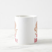 Latte en liefdesbeker, handen en koffie magische mok (Center)