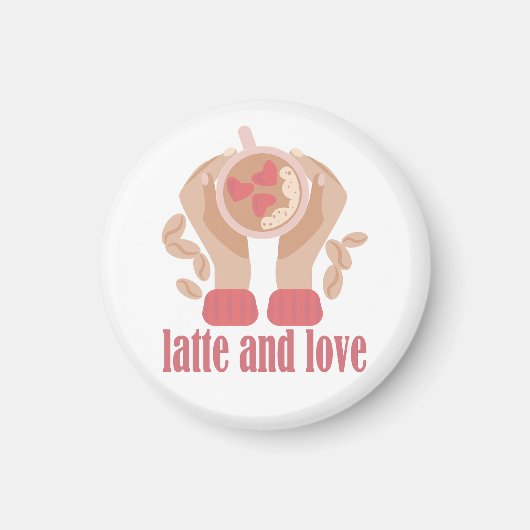 Latte en liefdesbeker, handen en koffie magneet (Voorkant)