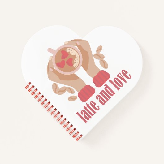 Latte en liefdesbeker, handen en koffie notitieboek (Voorkant)