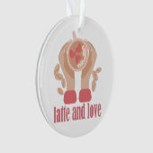 Latte en liefdesbeker, handen en koffie ornament (voorkant)