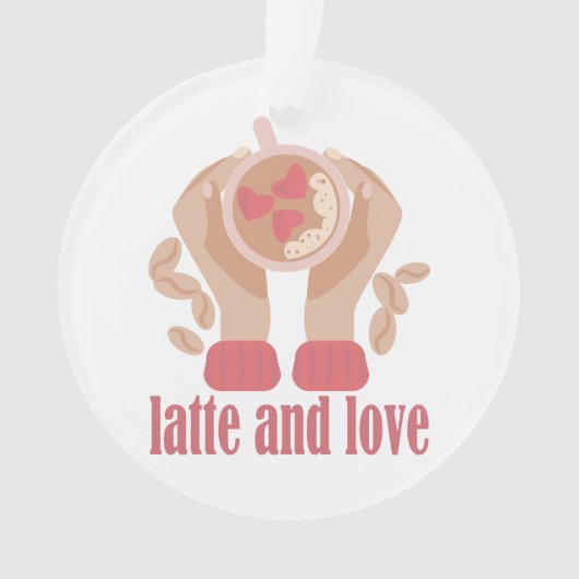 Latte en liefdesbeker, handen en koffie ornament (voorkant)