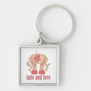 Latte en liefdesbeker, handen en koffie sleutelhanger
