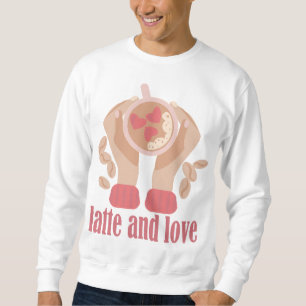 Latte en liefdesbeker, handen en koffie trui