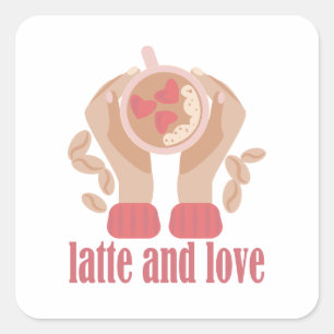 Latte en liefdesbeker, handen en koffie vierkante sticker