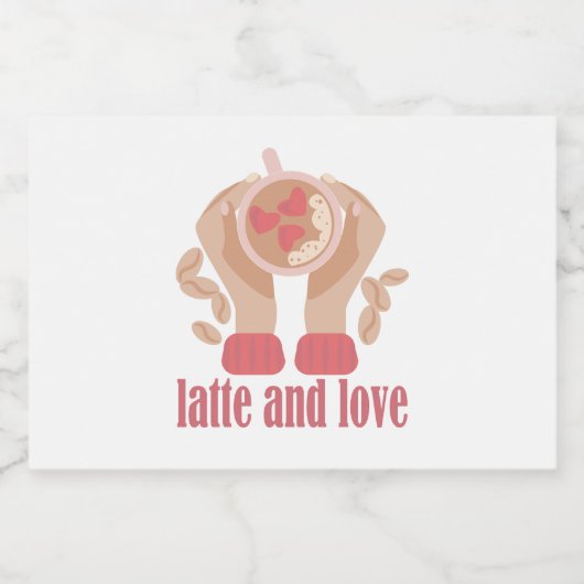 Latte en liefdesbeker, handen en koffie voedselcontainer etiket (Enkel label)