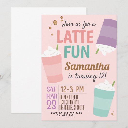 Latte Fun Coffee Birthday Uitnodiging (Voorkant / Achterkant)