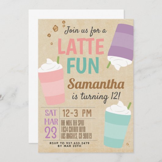 Latte Fun Coffee Birthday Uitnodiging (Voorkant / Achterkant)