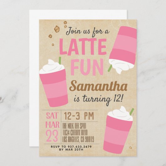 Latte Fun Coffee Birthday Uitnodiging (Voorkant / Achterkant)