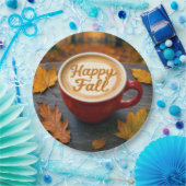 Latte Happy Herfst in een rode Mok met herfstblade Papieren Bordje (Feest)