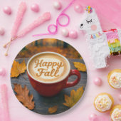Latte Happy Herfst in een rode Mok met herfstblade Papieren Bordje (Feest)