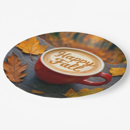 Latte Happy Herfst in een rode Mok met herfstblade Papieren Bordje (Gekanteld)