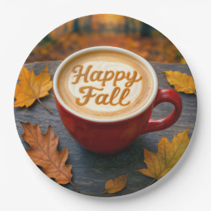 Latte Happy Herfst in een rode Mok met herfstblade Papieren Bordje