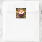 Latte Happy Herfst in een rode Mok met herfstblade Vierkante Sticker (Tas)