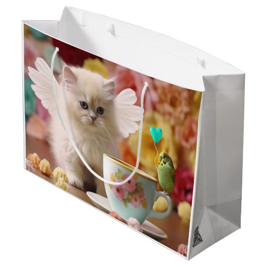 Latte Kitten en Budgie Gift Bag Groot Cadeauzakje (Achterkant Gekanteld)