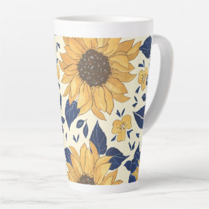 Latte Mok: marineblauw en geel zonnebloemen Latte Mok