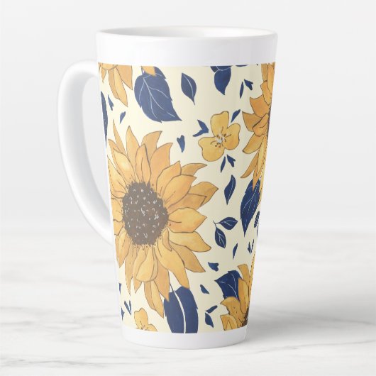Latte Mok: marineblauw en geel zonnebloemen Latte Mok (Linkerhoek)