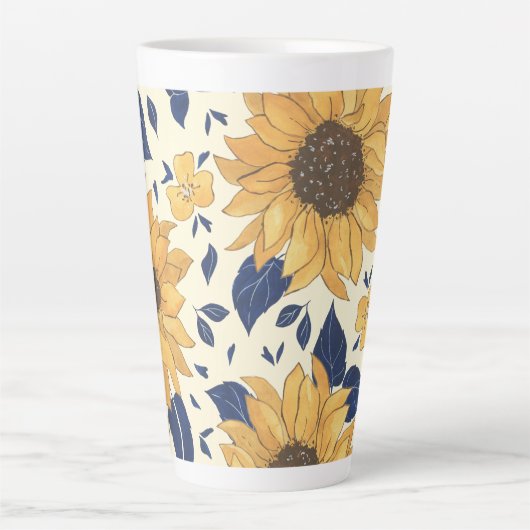 Latte Mok: marineblauw en geel zonnebloemen Latte Mok (Voorkant)