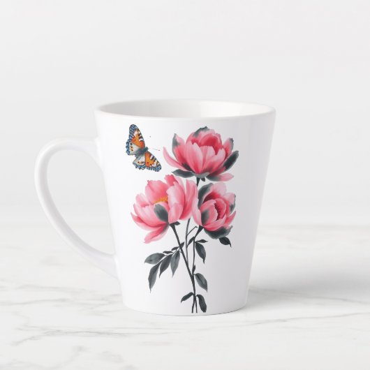Latte Mok - Roze pioenbloemen, vlinder (Links)