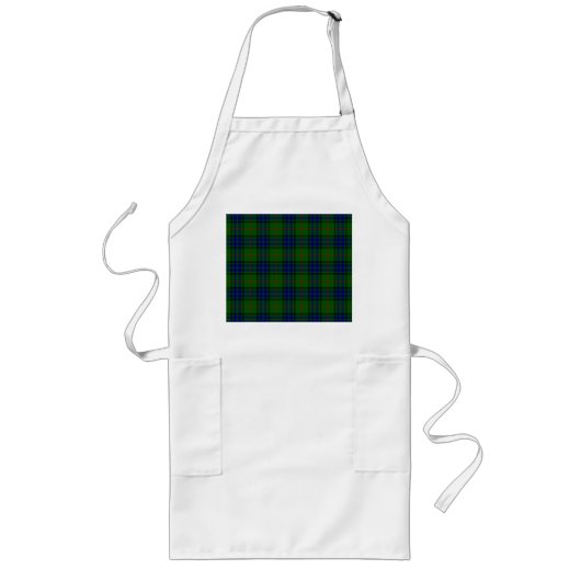 Lauder tartan blauw groene vleid lang schort (Voorkant)