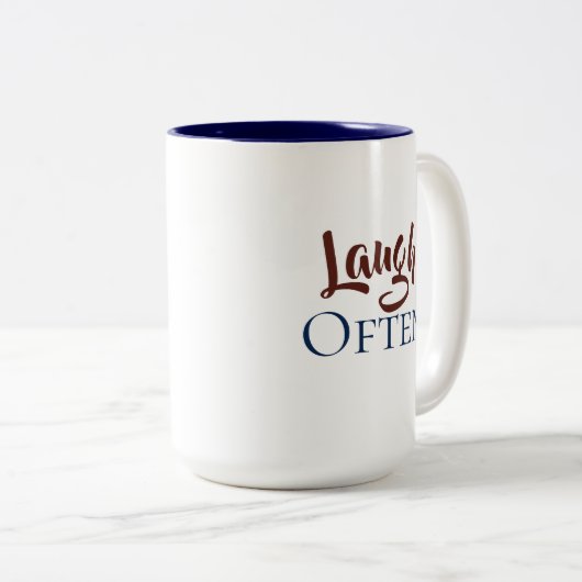 Laugh Often Blue en Maroon Tweekleurige Koffiemok (Voorkant rechts)