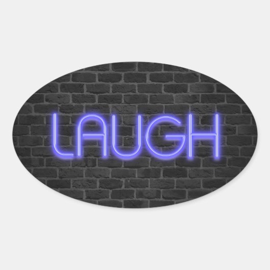 LAUGH-tekst in neonlichten op baksteen Ovale Sticker (Voorkant)