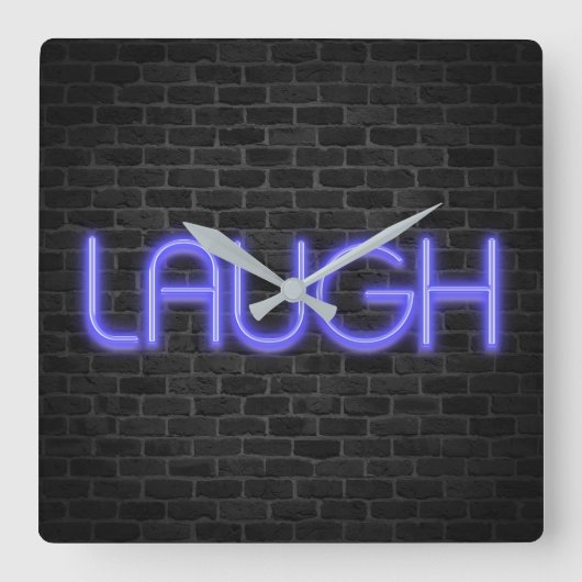 LAUGH-tekst in neonlichten op baksteen Vierkante Klok (Voorkant)