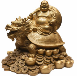 Laughing Buddha Riding Dragon Turtle Tortoise 2D Staand Fotobeeldje