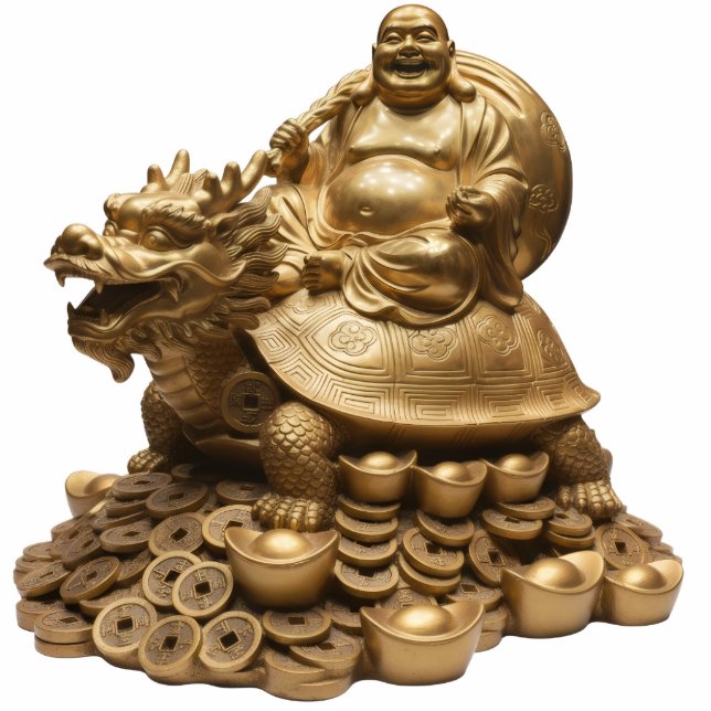 Laughing Buddha Riding Dragon Turtle Tortoise 2D Staand Fotobeeldje (Voorkant)