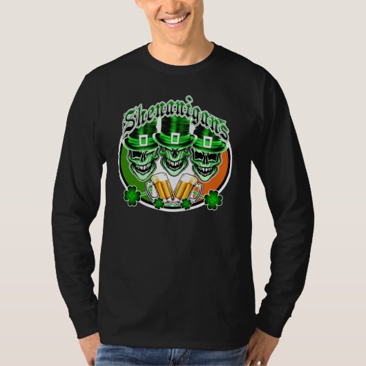 Laughing Irish Leprechaun Skulls : Shenanigans T-shirt (Voorkant)