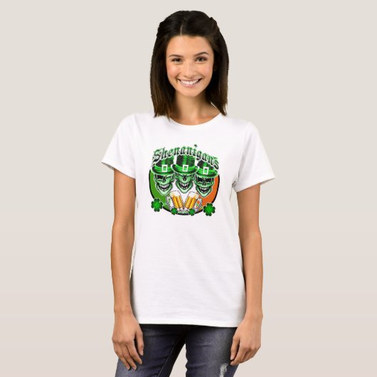 Laughing Irish Leprechaun Skulls: Shenanigans T-shirt (Voorkant volledig)
